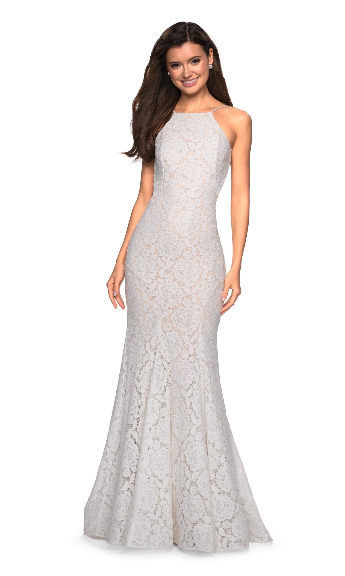 A woman smiles against a plain background, wearing the La Femme Floral Lace Mermaid Prom Dress 27289—floor-length, sleeveless, with a fitted silhouette and high neckline.